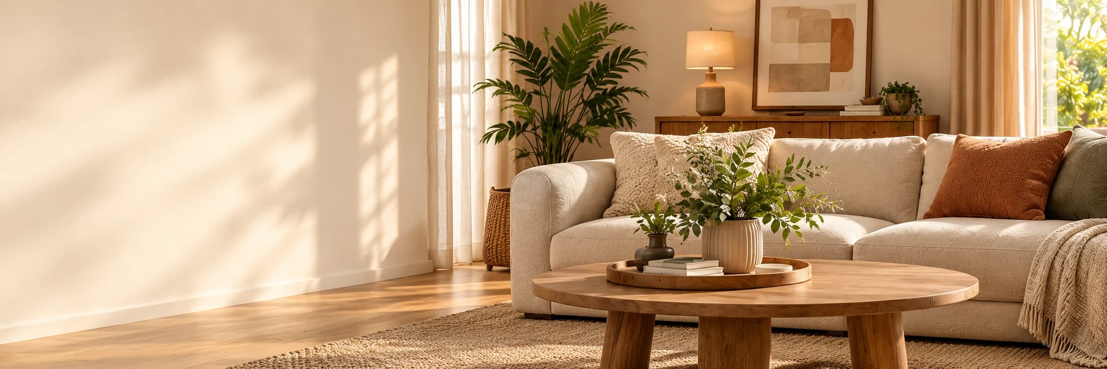 A warm living room with a cream sofa, oak table and green plants